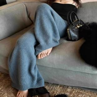 女秋冬高腰显瘦加厚休闲拖地长裤 雾霾蓝针织阔腿裤 巨炸裂 牛X货