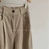 女秋冬高级感慵懒风显瘦阔腿裤 今年流行爆款 复古杏色灯芯绒休闲裤