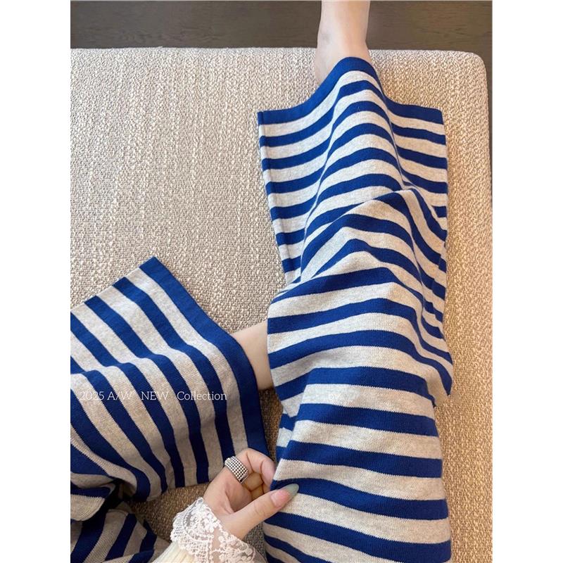 时尚条纹撞色休闲针织阔腿裤女秋冬新款复古高级感宽松设计感裤子