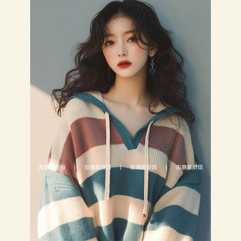 早秋新款韩系穿搭毛衣女慵懒高级感绿色v领条纹拼色针织连帽上衣,女装/女士精品,羊绒衫,淘宝优惠券,粉丝福利购,淘宝优惠卷