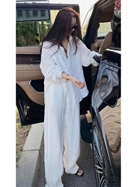 牛X货 巨炸裂！白色衬衫亚麻套装女夏高级感休闲防晒衣长裤两件套