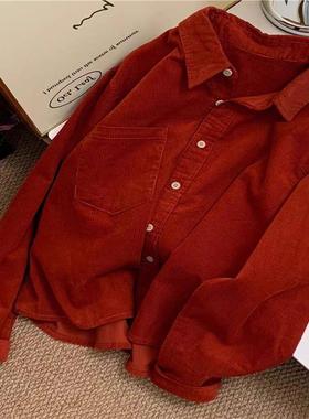 怒推！外贸单品质，复古红色灯芯绒衬衫女减龄时尚气质高级感衬衣
