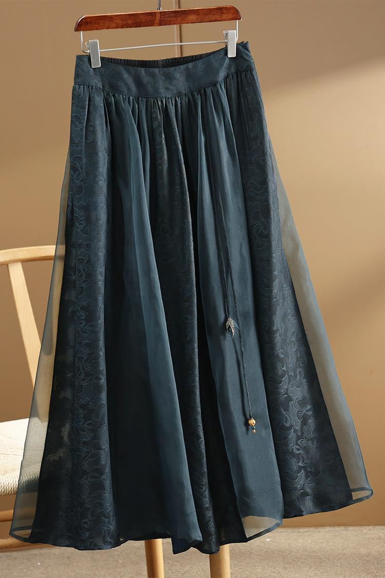 品牌专柜高端女装外贸显瘦百搭洋气欧根纱真丝高腰A字中长半身裙