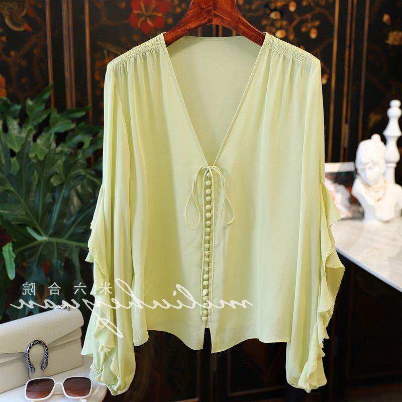 品牌折扣专柜外贸女装新款V领系带荷叶边灯笼袖真丝雪纺长袖衬衫