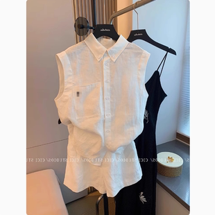白色刺绣亚麻休闲套装 质感 女夏度假风背心两件套 巨爱 渠道货