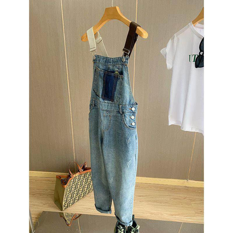 2025夏季新款女装牛仔背带裤撞色抽象刺绣贴布显高显瘦背带连体裤