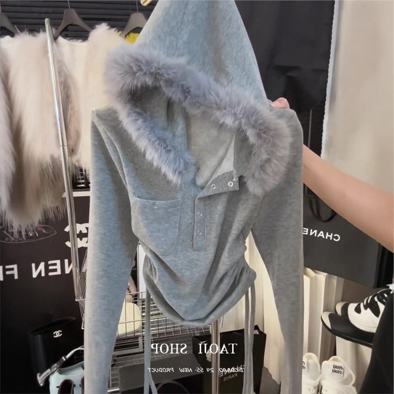 韩版辣妹连帽毛领长袖上衣女2025冬季加绒修身显瘦小众设计感外套