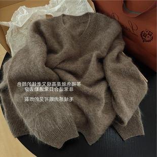 茶褐色拉绒羊毛套头毛衣女冬老钱风显白软糯针织衫 牛X货 巨炸裂
