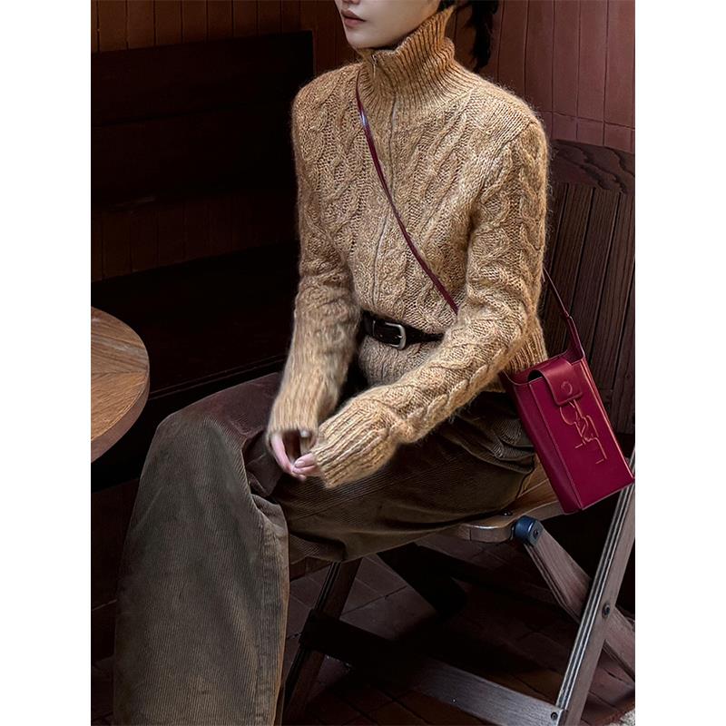 怒推！老钱风高领拉链麻花纹针织开衫女冬2025新款慵懒风宽松毛衣