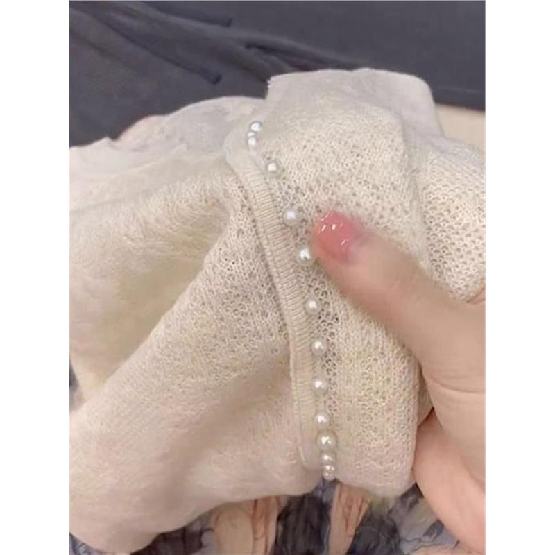 法式名媛风钉珠单排扣针织衫2025早秋薄款软糯慵懒风杏色长袖毛衣