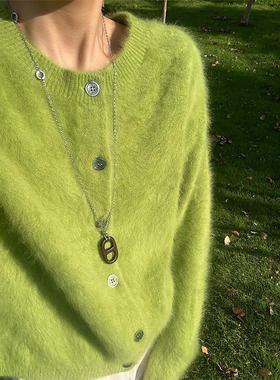 软糯绿色水貂绒圆领套头厚毛衣女秋冬内搭慵懒风宽松针织开衫上衣