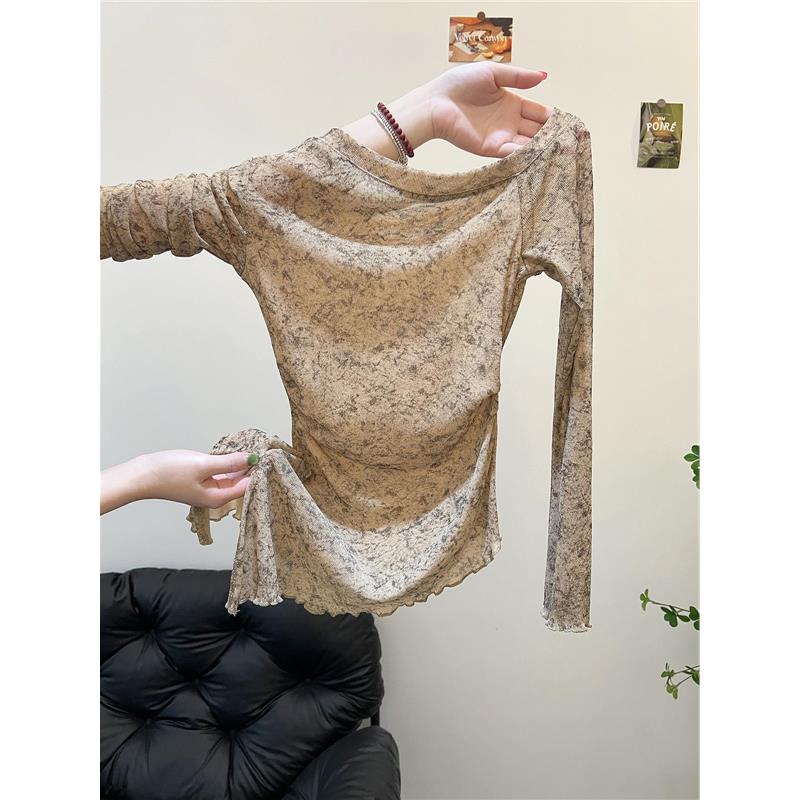 2025新款美式复古不规则露肩修身打底衫女内搭网纱防晒罩衫薄上衣