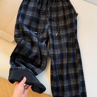 女款 日系棉裤 子松紧腰直筒裤 复古绗缝菱格裤 防寒加厚夹棉长裤