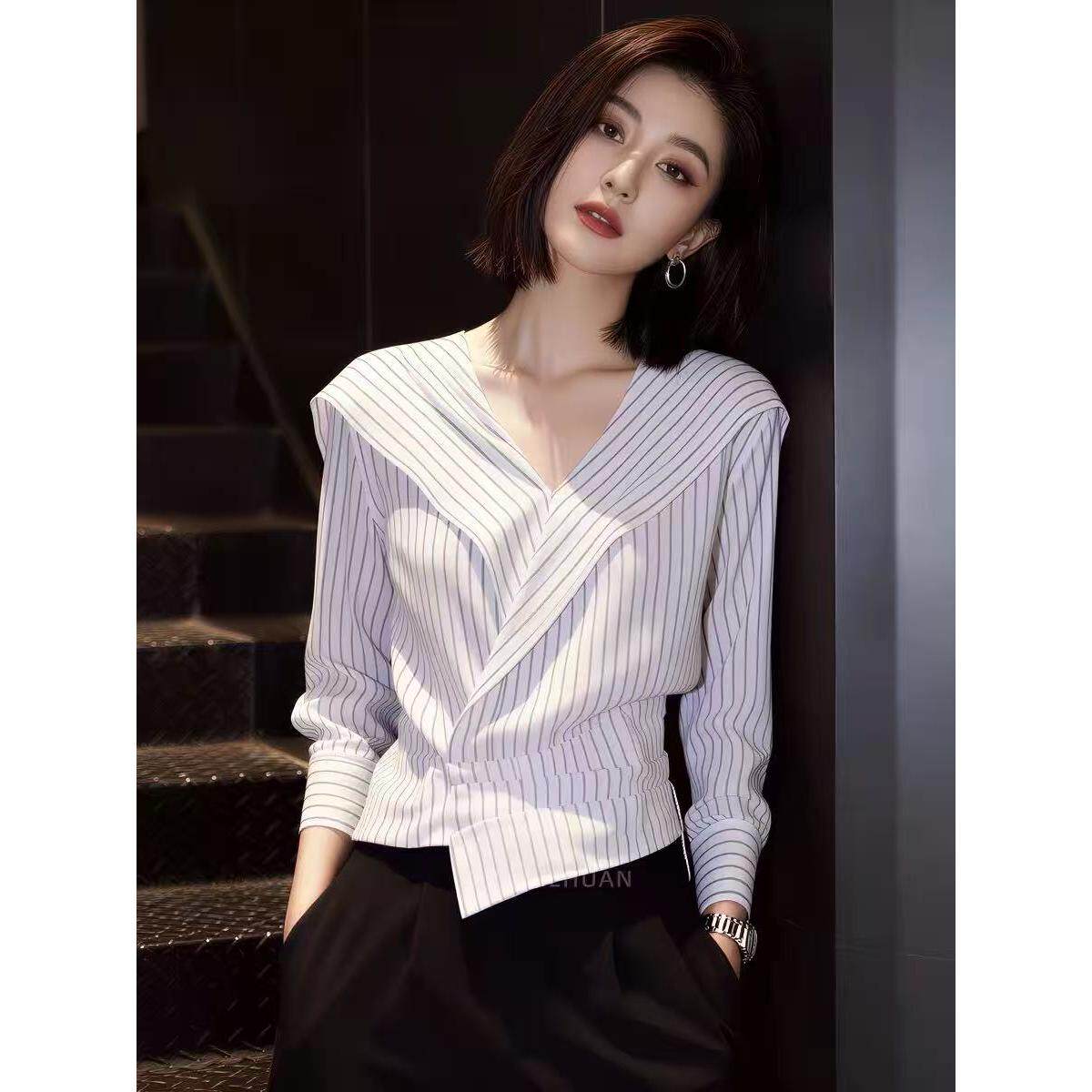 韩版海军领条纹衬衫女2026春季新款设计感气质收腰显瘦衬衣上衣