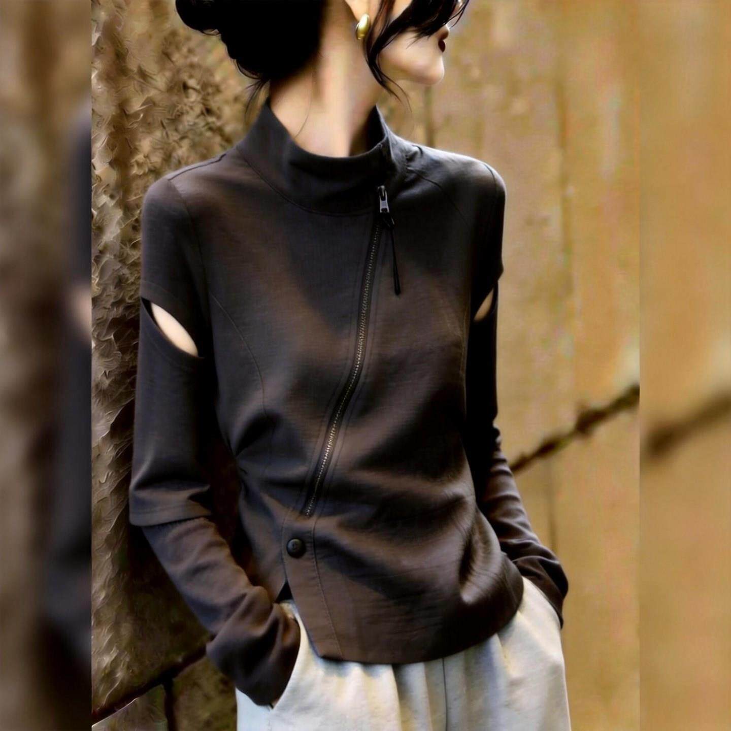 慵懒风半拉链露肩上衣女黑色通勤设计感秋季新款别致小众感2026年