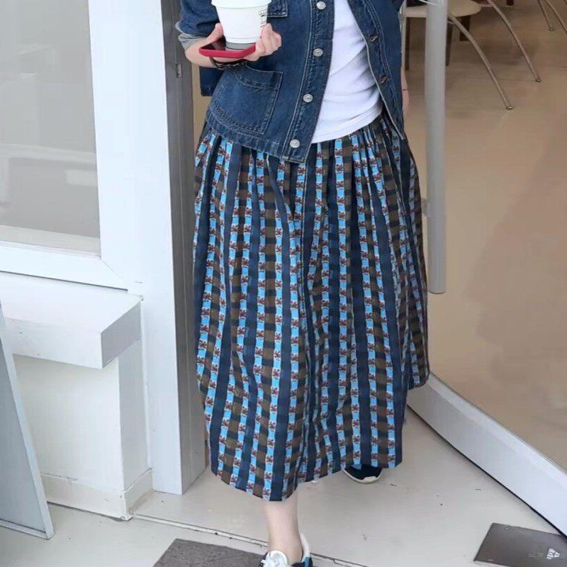 CHAO级推荐！蓝色格纹印花半身裙女夏季松紧高腰显瘦a字中长裙子