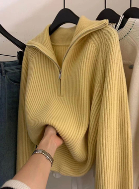 巨推荐！奶呼呼软糯糯日系温柔风慵懒高级感翻领黄色毛衣女秋冬装