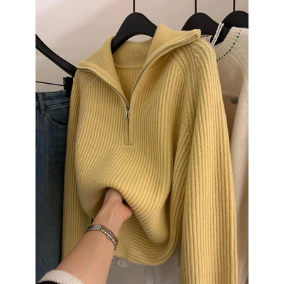 巨推荐！奶呼呼软糯糯日系温柔风慵懒高级感翻领黄色毛衣女秋冬装