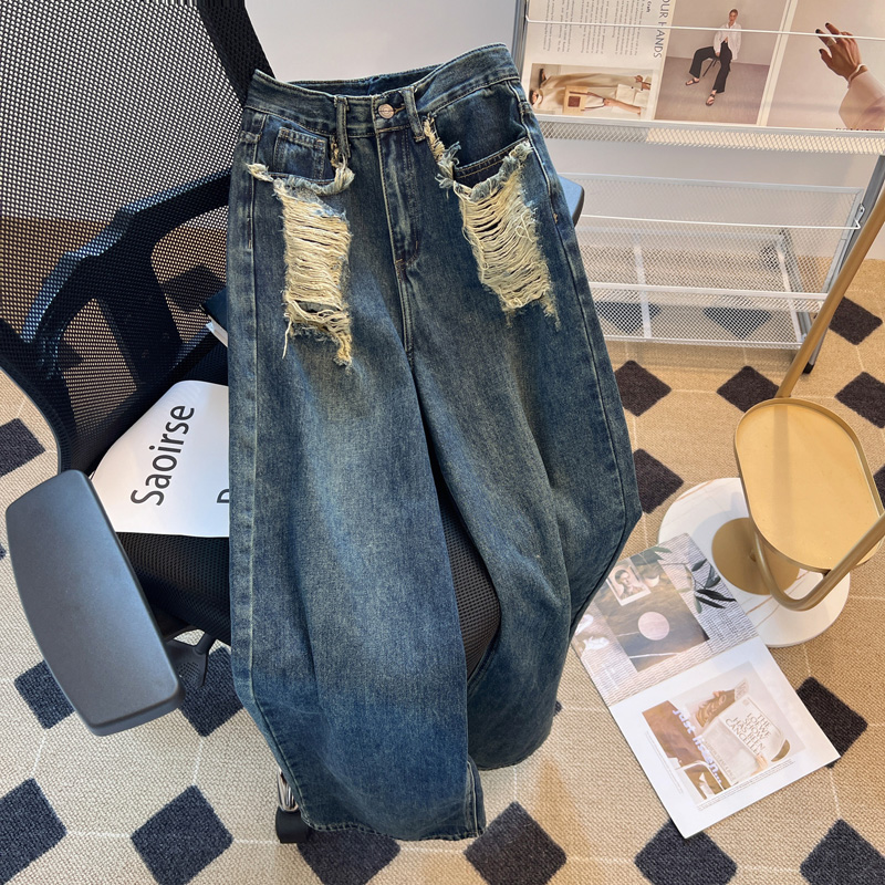 复古蓝高腰破洞阔腿牛仔裤女秋季2024年新款宽松直筒裤拖地裤潮