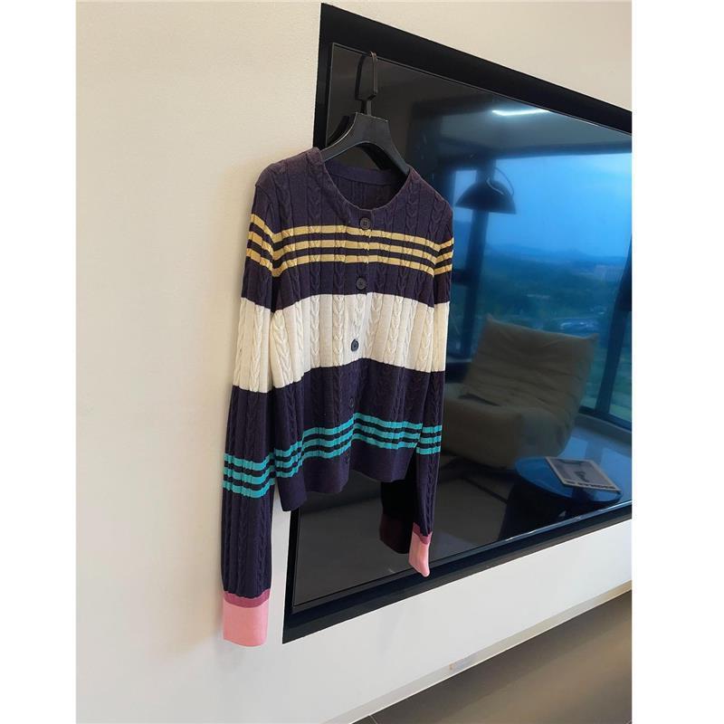 自留款！柔软手感好~早秋绵羊毛混纺彩色条纹撞色长袖针织开衫女