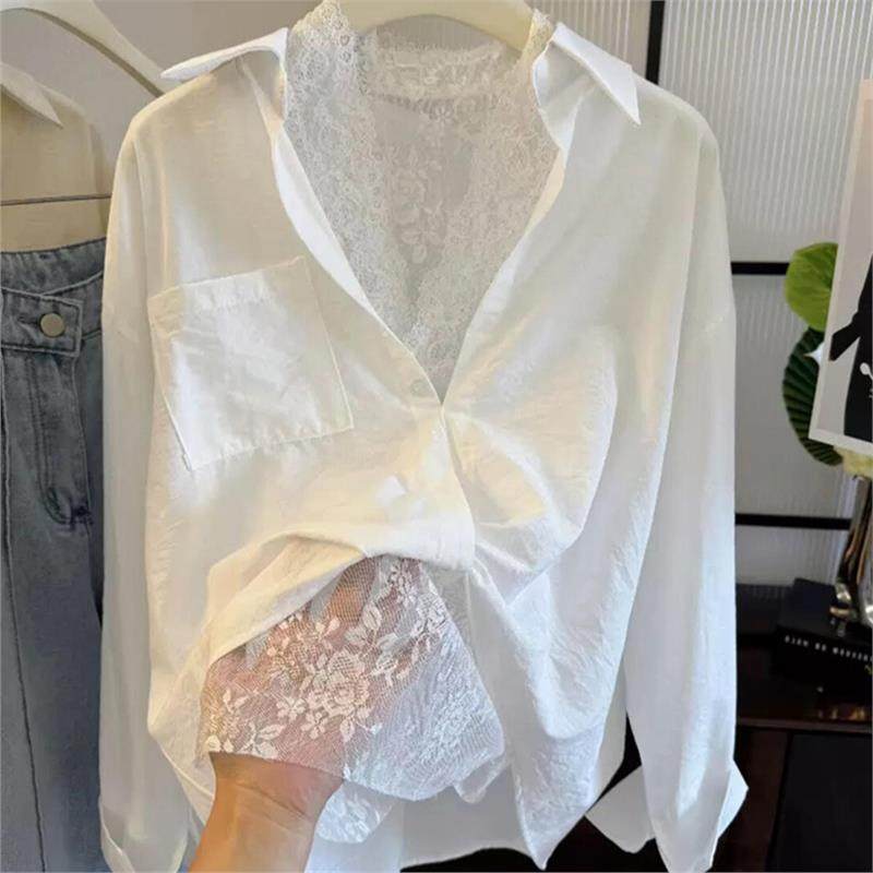 CHAO级推荐！韩系时髦翻领白色两件套衬衫配蕾丝镂空背心女春夏