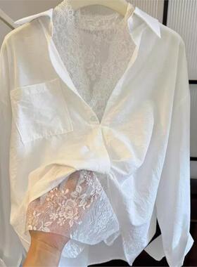 CHAO级推荐！韩系时髦翻领白色两件套衬衫配蕾丝镂空背心女春夏