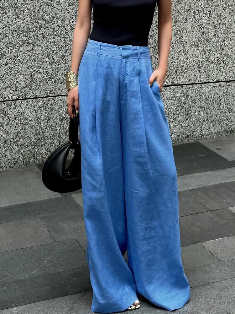 高端时尚克莱因蓝亚麻直筒阔腿裤女夏季新款慵懒风高腰显瘦长裤子