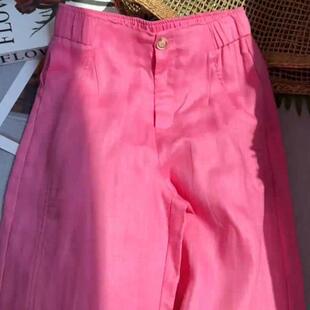 女2026夏季 裤 新款 气质百搭高腰显瘦大码 子 老钱风时尚 玫红色亚麻裤