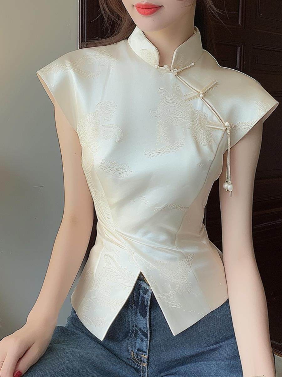 品牌折扣专柜外贸女装新中式国风提花盘扣不规则掐腰小飞袖衬衫女