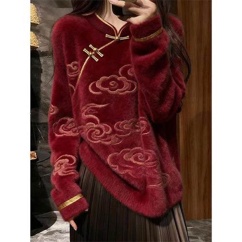 独特高端新中式国风毛衣女2025冬季新款爆款慵懒宽松超火针织上衣