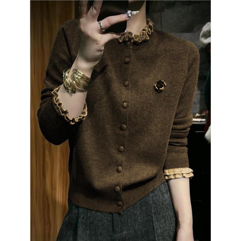 法式小香风木耳边针织开衫上衣女2025新款秋季独特超好看软糯毛衣