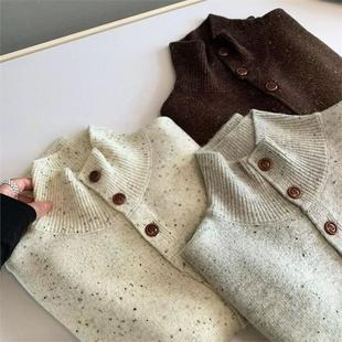 复古松弛~100羊毛点子纱半高领针织开衫长袖小个子短款毛衣女秋冬