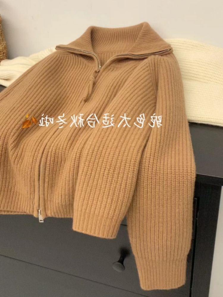 毛衣2025秋冬高级感超好看洋气复古驼色大翻领拉链长袖针织开衫女