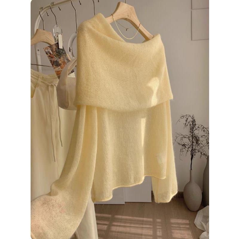 挚爱！鹅黄色一字肩针织衫女早秋新款亲肤舒适马海毛长袖毛衣