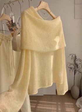 挚爱！鹅黄色一字肩针织衫女早秋新款亲肤舒适马海毛长袖毛衣