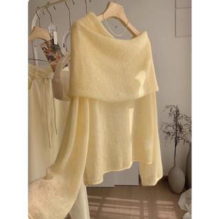 挚爱！鹅黄色一字肩针织衫女早秋新款亲肤舒适马海毛长袖毛衣