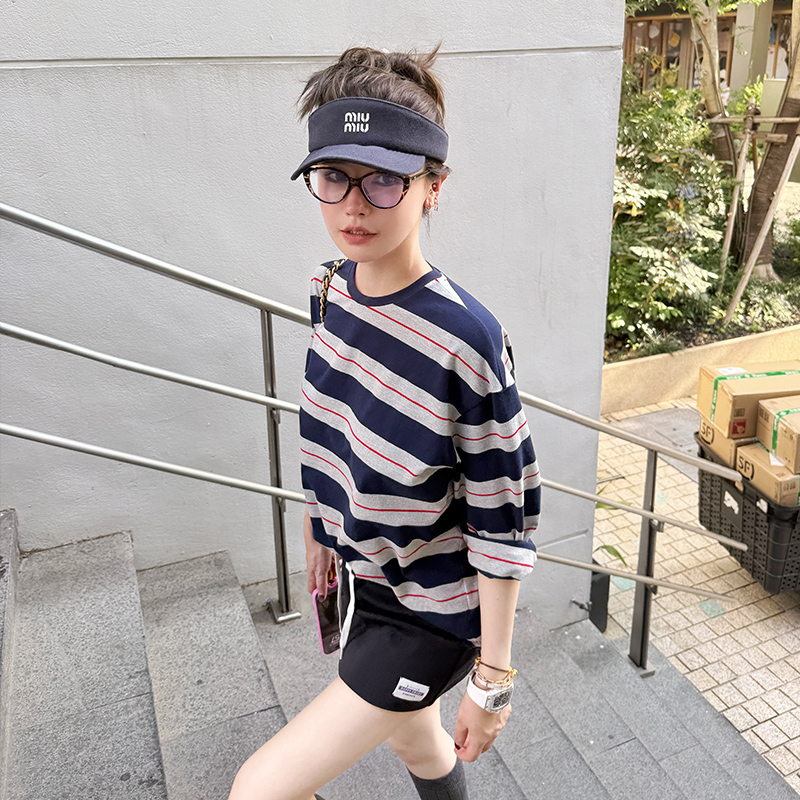 CHAO级推荐！霖儿同款工艺复古圆领色织条纹宽松长袖T恤上衣女夏