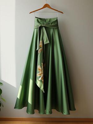 品牌折扣专柜外贸女装今年流行绿色印花朵系带收腰大裙摆半身裙子