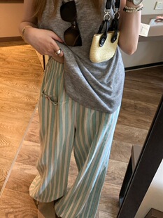 女2024夏季 牛X货 巨炸裂 竖条纹棉麻阔腿裤 宽松轻薄防晒休闲长裤