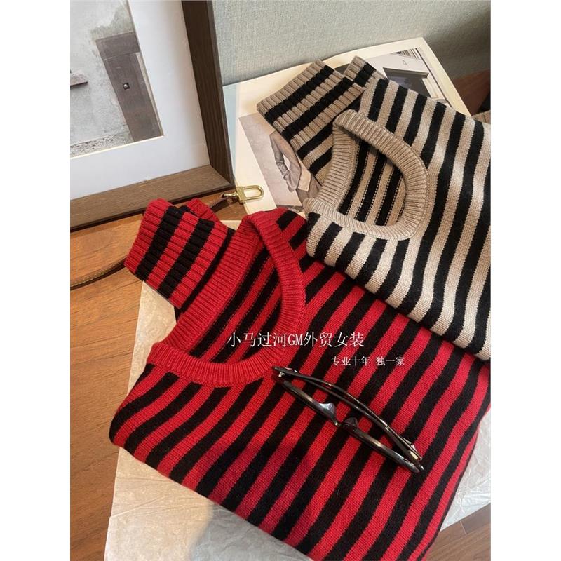 巨巨巨！！！超厚实~M*U系撞色条纹法式慵懒小廓形针织毛衣女