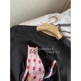 针织衫 掌柜自留 撞色小猫图案短袖 早春新款 上衣 上身巨减龄