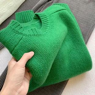 品牌折扣商场外贸女装 清仓奶系软糯高级感棒针粗线绿色毛衣针织衫