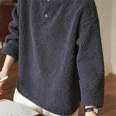 牛X货 巨炸裂！深灰色羊羔毛圆领加厚卫衣2025秋冬季复古内搭上衣