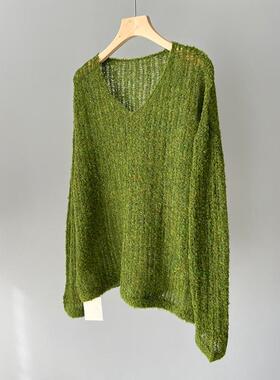 气质款强货！超级推荐镂空设计宽松慵懒感长袖绿色针织罩衫上衣女