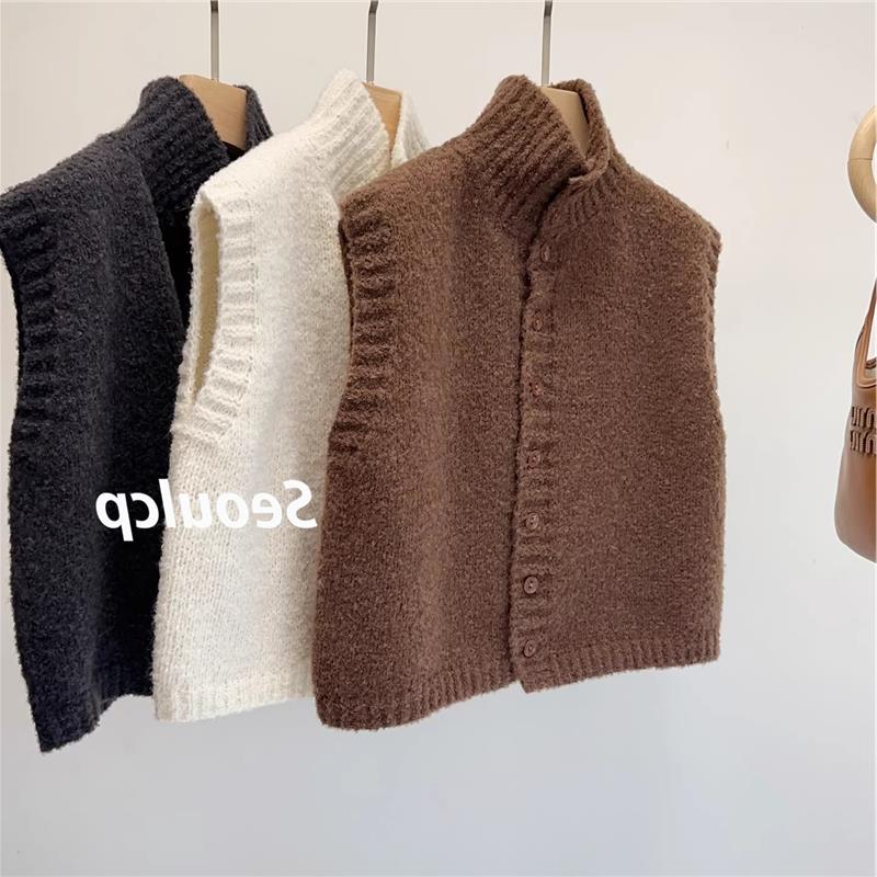 韩国东大门高领无袖针织马甲女秋冬系扣毛绒绒加厚马甲