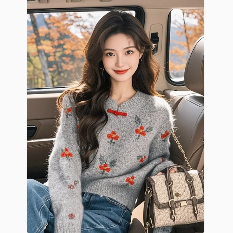 新中式国风内搭打底衫毛衣慵懒高级感冬季女重工灰色花朵针织上衣