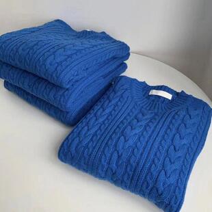 品牌外贸女装 上衣 直筒型克莱因蓝巴素羊毛麻花毛衣女通勤圆领修身