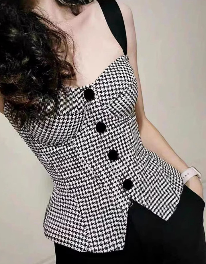品牌专柜高端女装外贸小香风千鸟格穿搭背心气质修身甜辣无袖上衣
