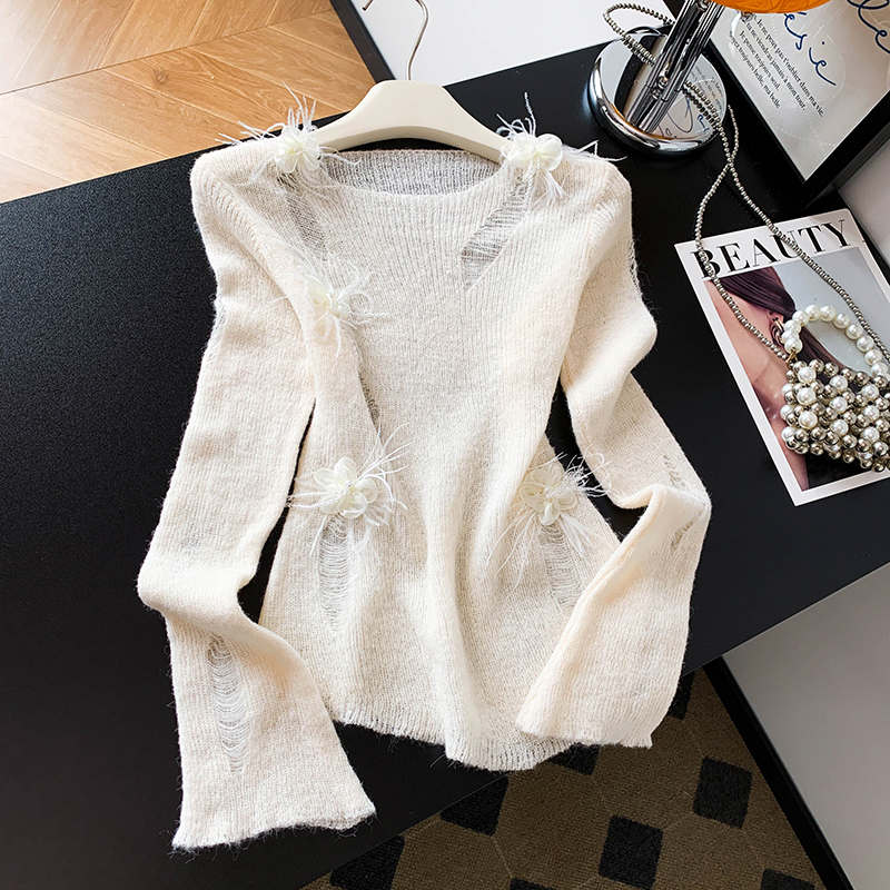 自留！白色镂空钉珠针织衫毛衣女2025新款设计感小众韩系上衣早秋