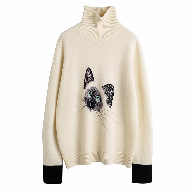 惊世好羊绒系列！感动到哭的上身 猫咪提花羊绒衫女